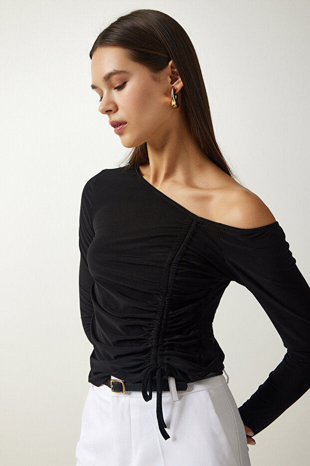 Women's Black Gather Detailed Knitted Blouse MZ00045