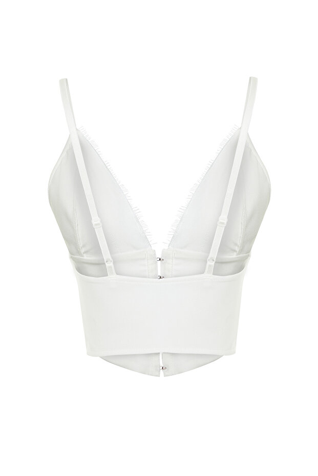 Bridal Beyaz Crop Astarlı Agraflı Dokuma Dantel Büstiyer TPRAW23BS00045 - 8