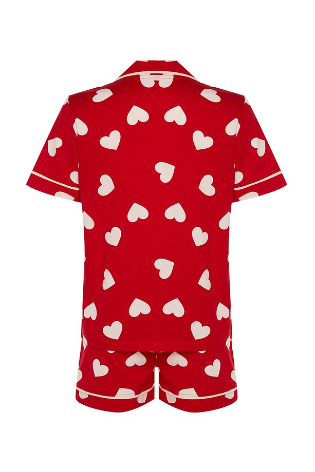 Kırmızı %100 Pamuklu Kalpli Biye Detaylı Şortlu Örme Pijama Takımı THMSS21PT1200 - 9