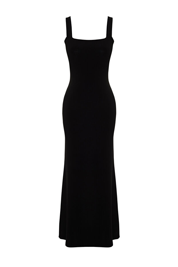 Siyah Kalın Askılı Fitted/Vücuda Oturan Esnek Örme Maxi Kalem Elbise TWOSS24EL00137 - 7
