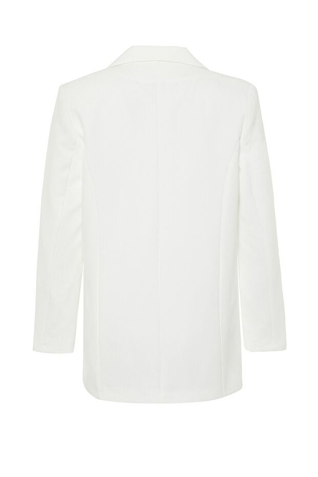 Beyaz Oversize Astarlı Düğmeli Dokuma Blazer Ceket TWOAW22CE0167 - 8