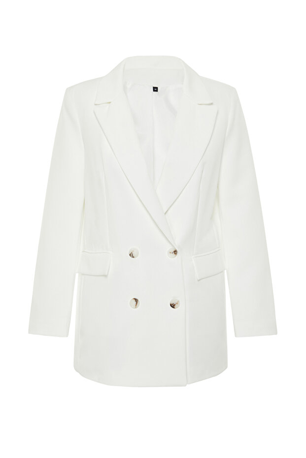 Beyaz Oversize Astarlı Düğmeli Dokuma Blazer Ceket TWOAW22CE0167 - 7