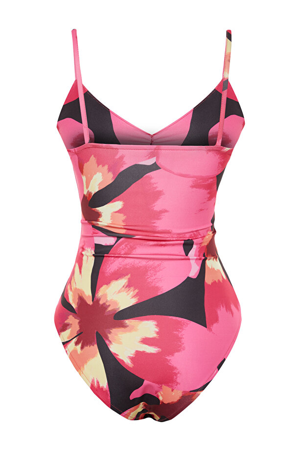 Pembe Çiçek Desenli V Yaka Esnek Çıtçıtlı Örme Body TWOSS24BD00021 - 8