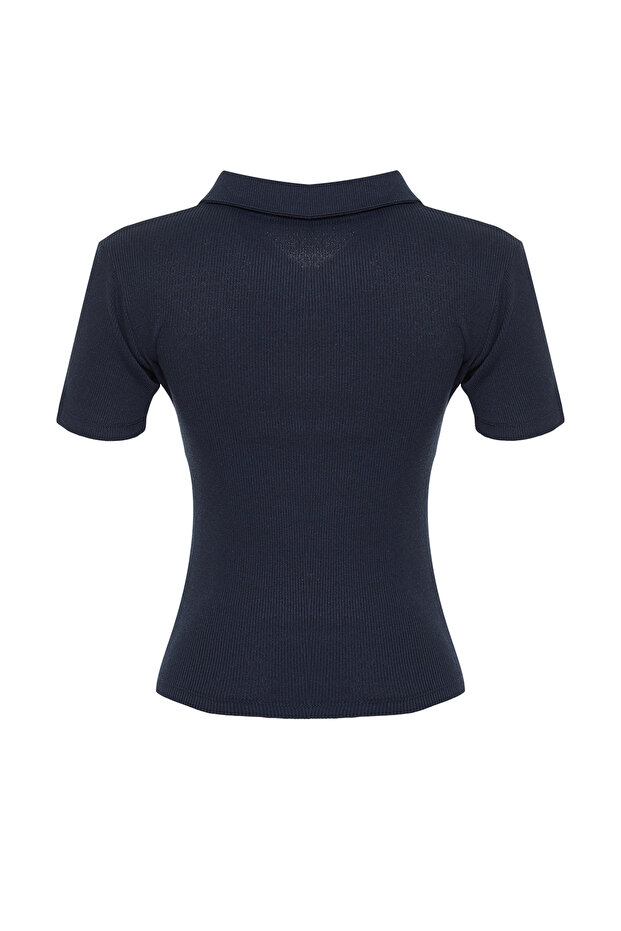 Lacivert Fermuar Detaylı Fitted/Vücuda Oturan Polo Yaka Fitilli Esnek Örme Bluz TWOSS23BZ00496 - 8