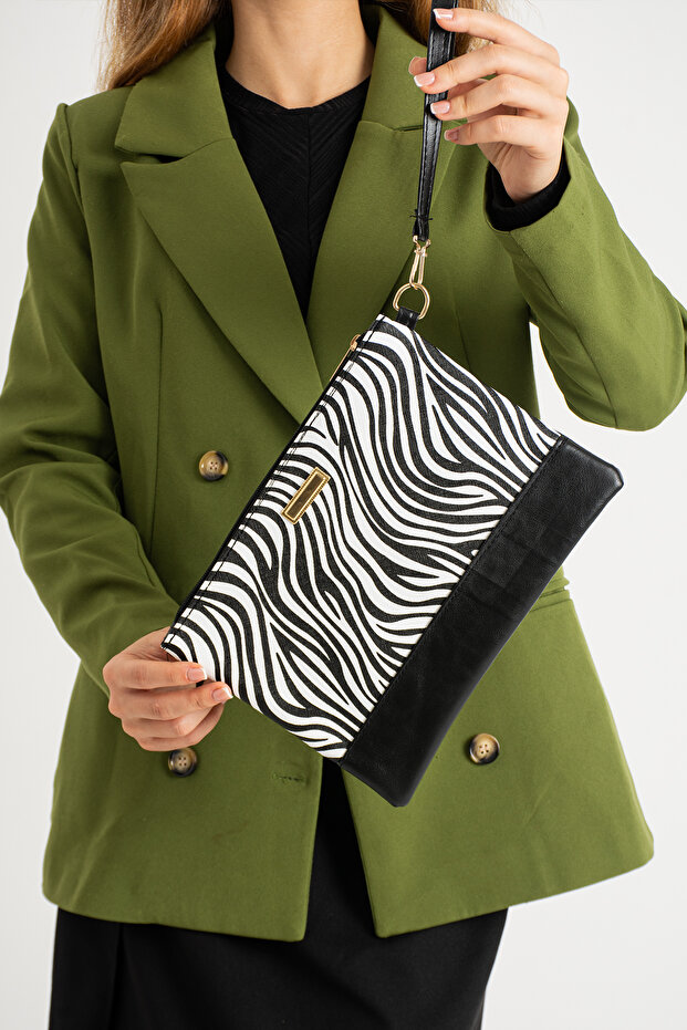 Zebra Patterned Clutch Bag with Hand Strap - 1