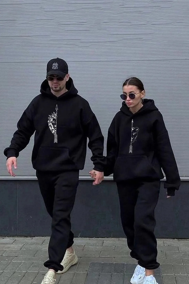 Lion Couples Printed Regular Fit hooded Lover Couple Combination Tracksuit Set