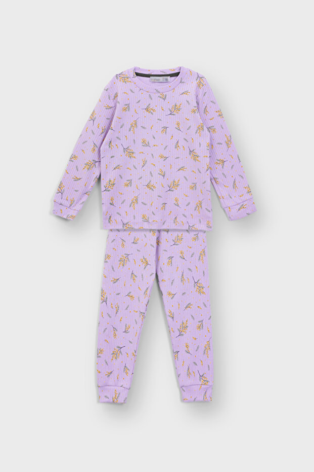 Spike Flower Patterned Lilac Twill Interlock Fabric 100% Cotton Girl's Pajama Set