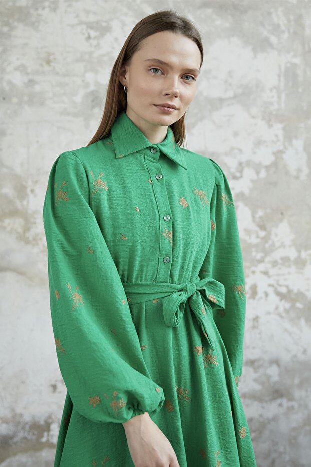 Rochie Brodata cu Curea - Verde - 2