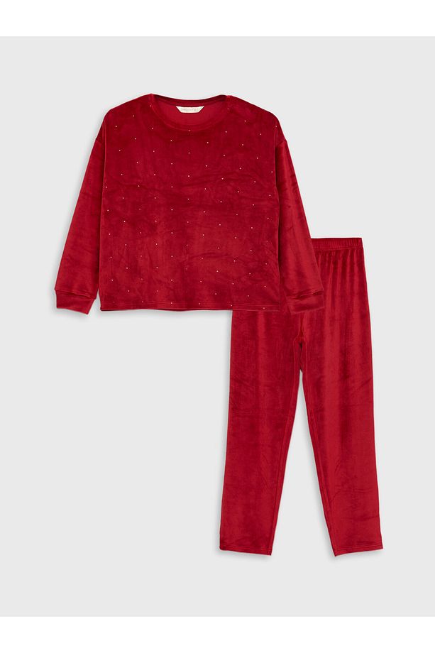 Bisiklet Yaka Desenli Uzun Kollu Kadın Kadife Pijama Takımı - 3