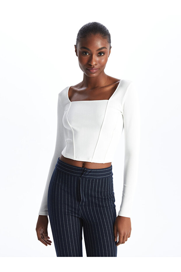 Square Neck Straight Long Sleeve Ottoman Women's Blouse