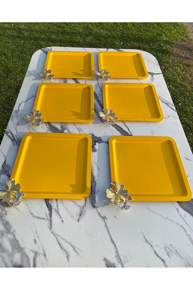 Luxury Butterfly Accessory Stainless Steel Yellow Square 6-Piece Coffee, Tea, Decorative Presentation Serving Tray