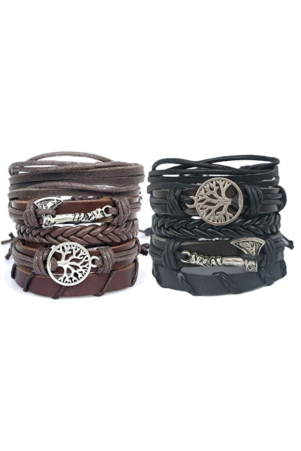 2 Sets of 10 Pieces Viking Axe Tree of Life Figured Genuine Leather Bracelets