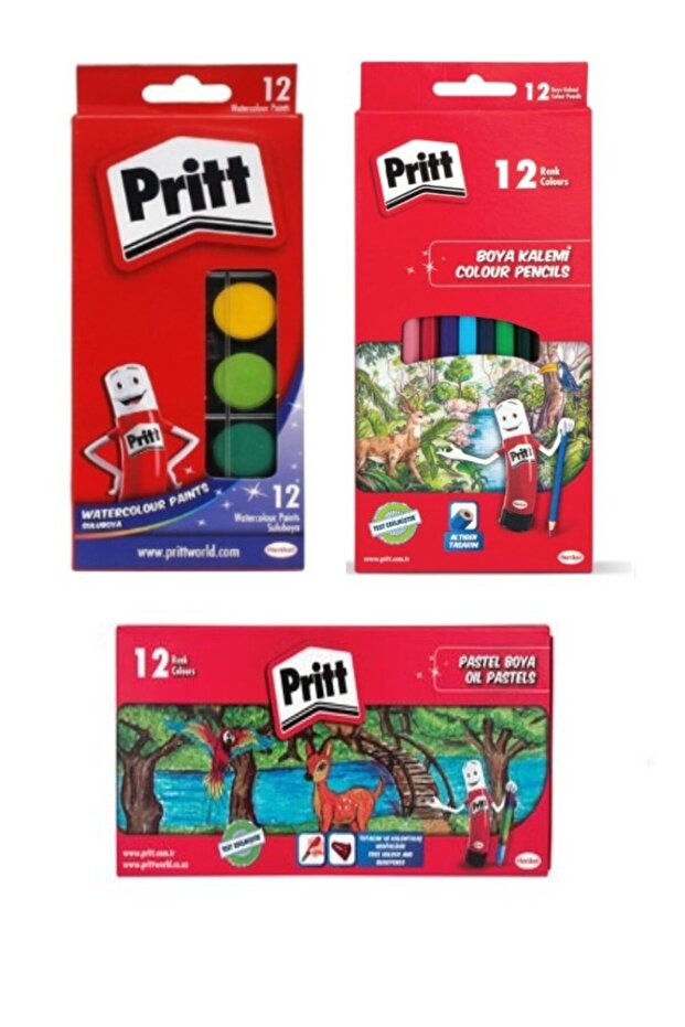 Painting Set of 3 - 12 Long Crayons + 12 Watercolors + 12 Pastel Paints
