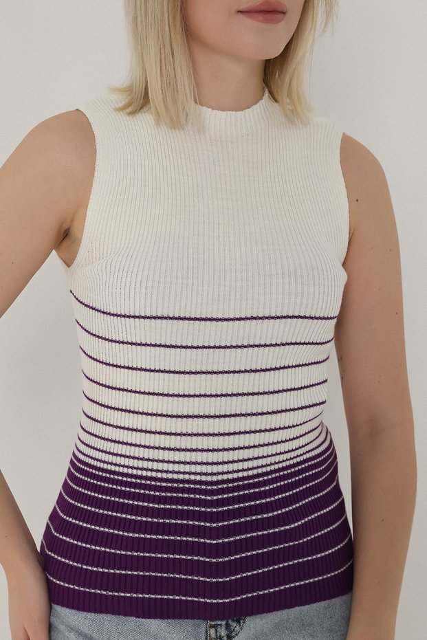 Women's Ecru Purple Striped Zero Sleeve Knitwear Body Sweater