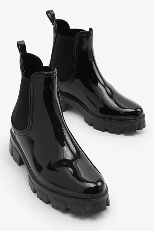 Black Rubber Detail Flat High Sole Women's Rain Boots