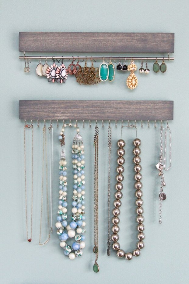 Set of 2 Gray Color Wooden Jewelry Organizer Necklace Bracelet Watch Glasses Wall Hanger Organizer