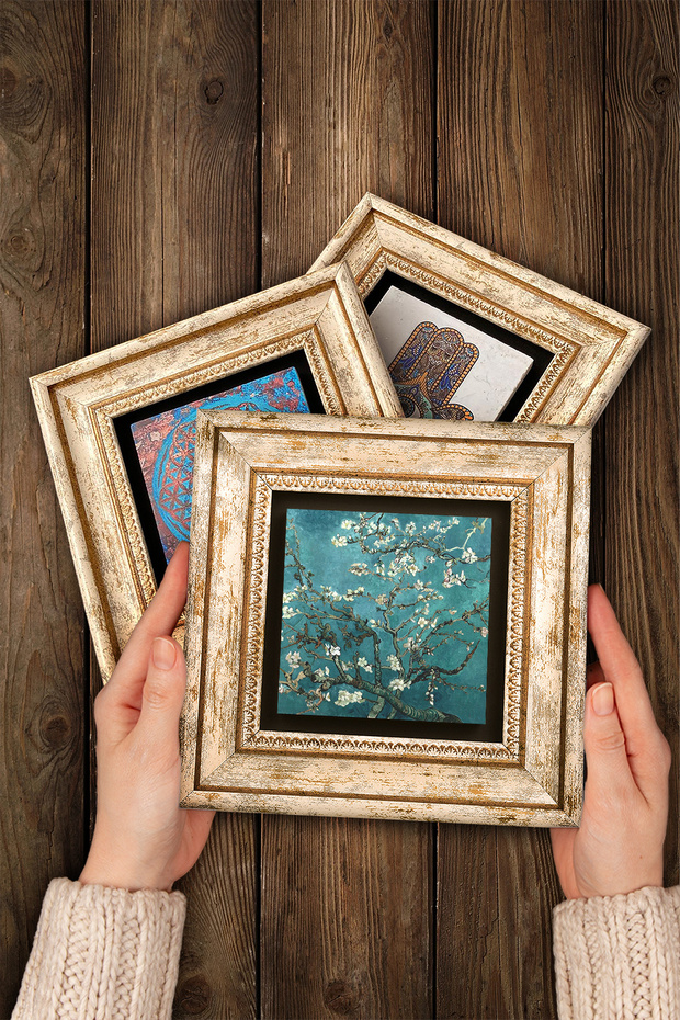 Van Gogh Balıkçı Tekneleri, İrisler, Badem Ağacı Taş Duvar Tablosu Çerçeveli Duvar Dekoru 3lü Tablo - 4