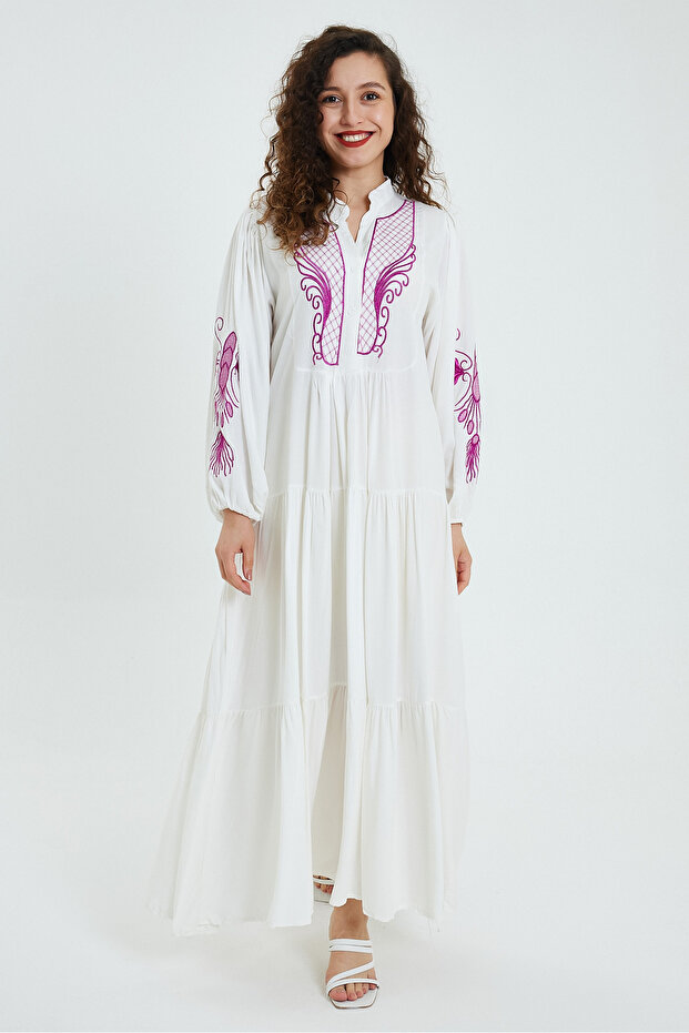 Women's White Embroidery Embroidered Buttoned Placket Collar Long Sleeve Long Ethnic Authentic Dress