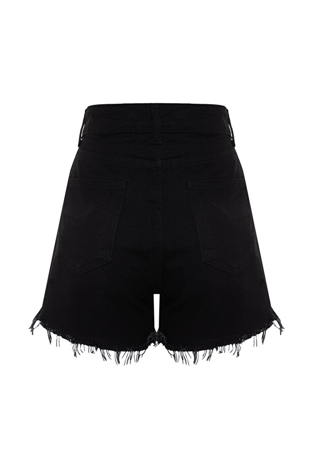 Siyah Denim Mini Regular Yüksek Bel Plaj Şort TBESS22SR0395 - 8