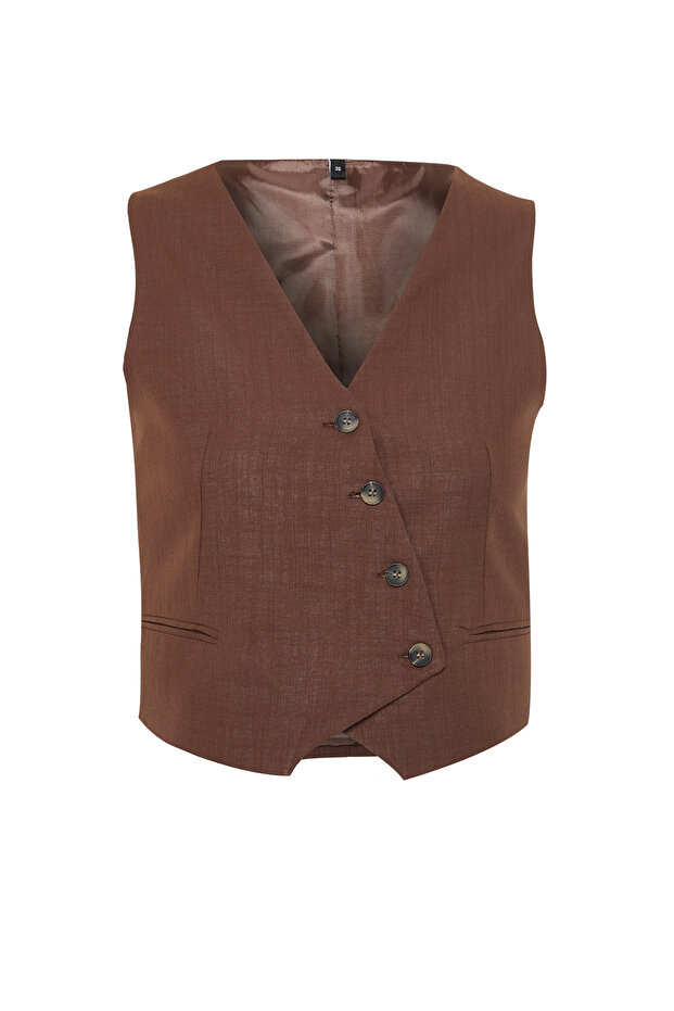 Kahverengi Crop Fitted Dokuma Keten Görünümlü Yelek TWOSS23YE00016 - 8
