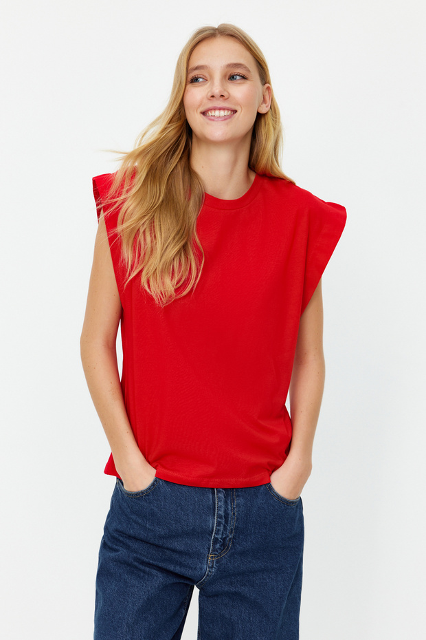 Kırmızı %100 Pamuk Vatka Görünümlü Basic Bisiklet Yaka Örme T-Shirt TWOSS20TS0021 - 3