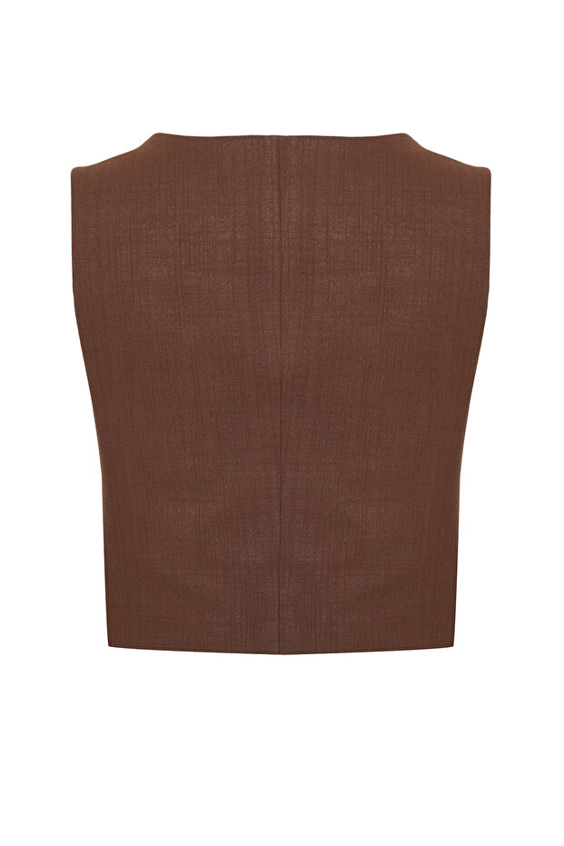Kahverengi Crop Fitted Dokuma Keten Görünümlü Yelek TWOSS23YE00016 - 9
