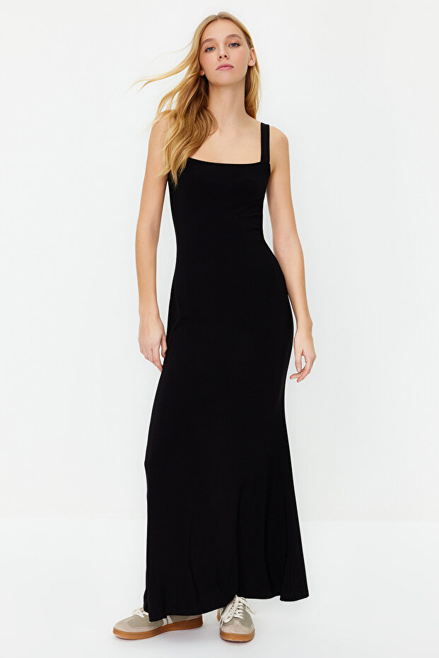 Siyah Kalın Askılı Fitted/Vücuda Oturan Esnek Örme Maxi Kalem Elbise TWOSS24EL00137 - 3
