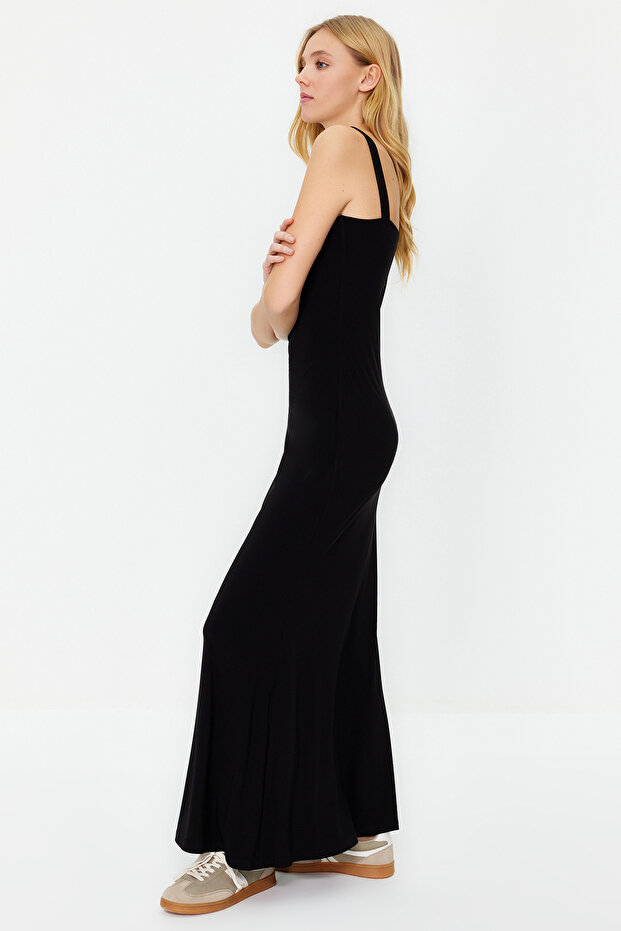 Siyah Kalın Askılı Fitted/Vücuda Oturan Esnek Örme Maxi Kalem Elbise TWOSS24EL00137 - 2