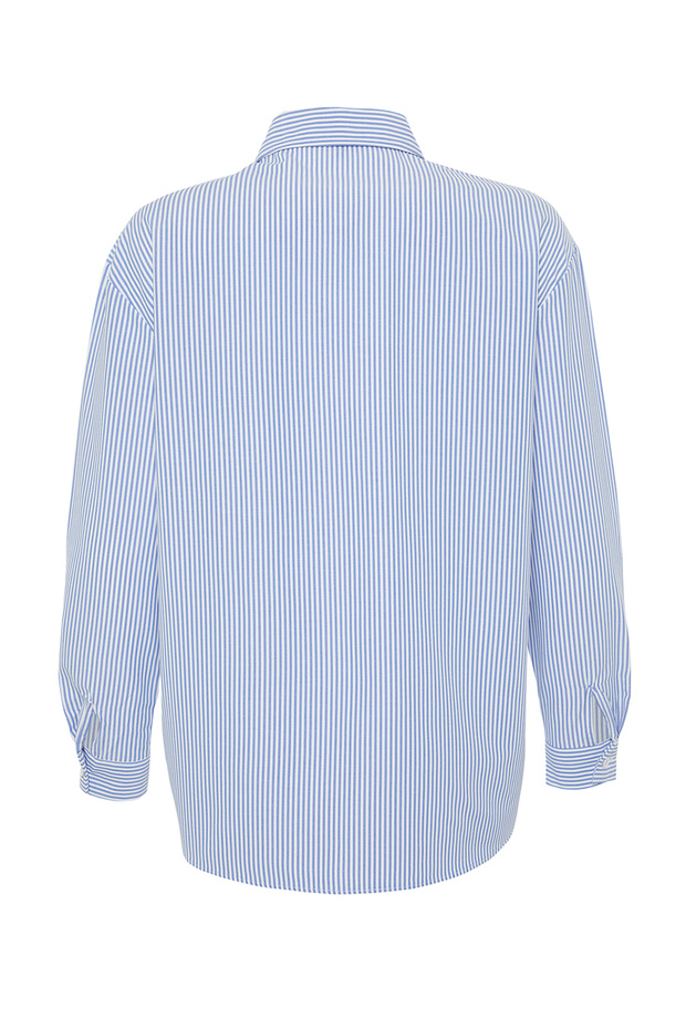 Lacivert Çizgili Oversize Geniş Kalıp Dokuma Gömlek TWOAW23GO00359 - 8
