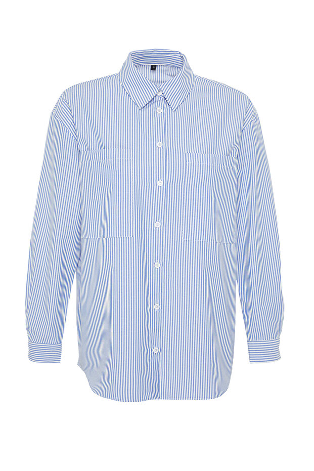 Lacivert Çizgili Oversize Geniş Kalıp Dokuma Gömlek TWOAW23GO00359 - 7