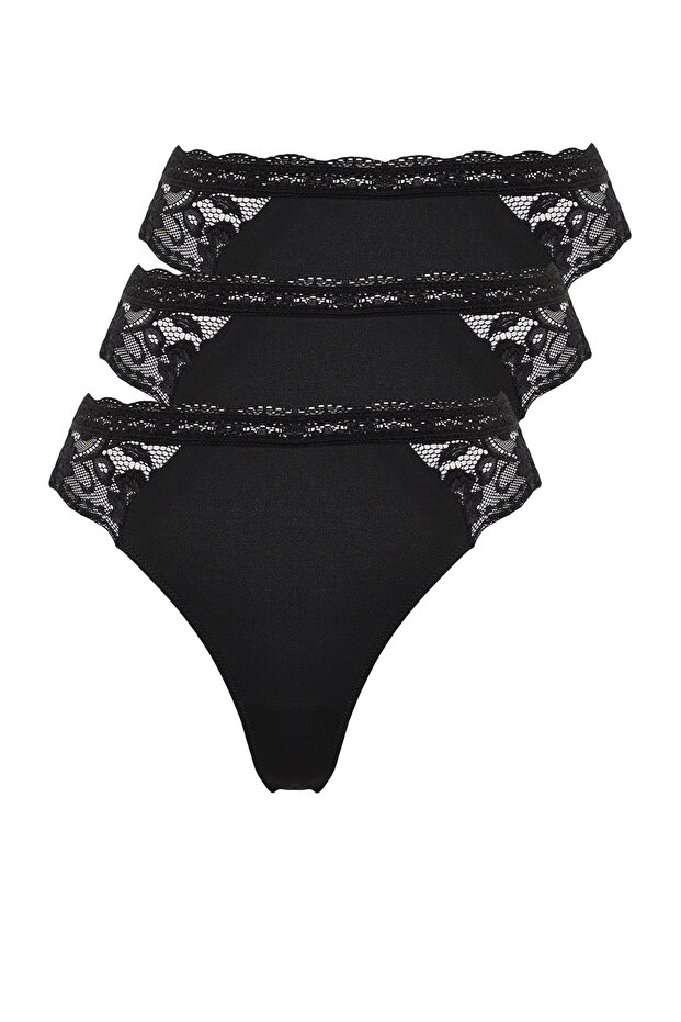Siyah 3'lü Paket Micro Yanları Dantelli Tanga Örme Külot THMSS24KU00013 - 7
