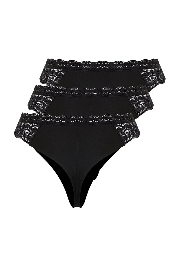 Siyah 3'lü Paket Micro Yanları Dantelli Tanga Örme Külot THMSS24KU00013 - 8