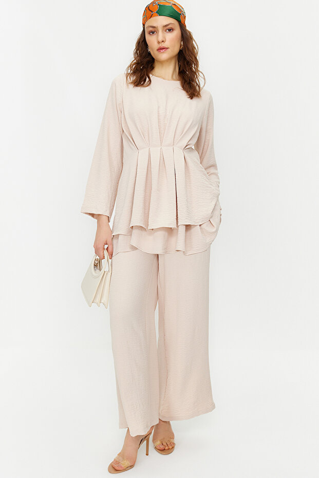 Stone Ruched Aerobin Tunic and Pants Woven Top and Bottom Set TCTSS24US00009