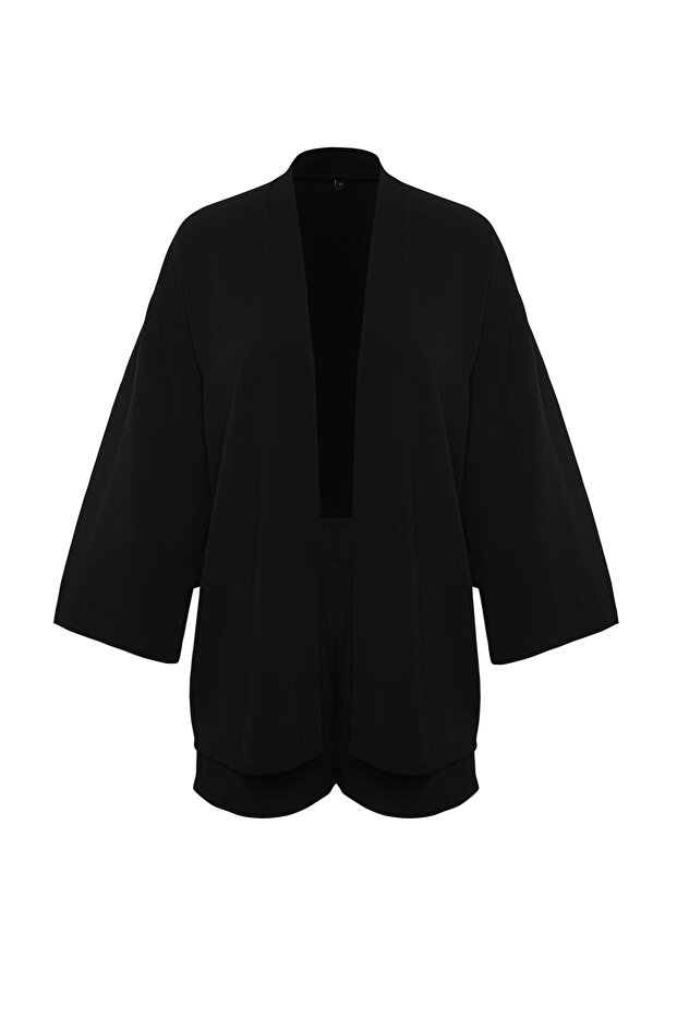 Siyah Dokuma Plaj Mini Yüksek Bel Kimono-Şort Takım TBESS23AU00089 - 7