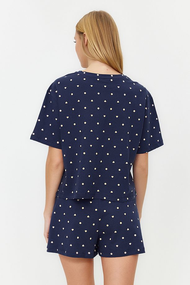 Lacivert %100 Pamuklu Puantiyeli ve Kalpli Şortlu Örme Pijama Takımı THMSS21PT1485 - 6
