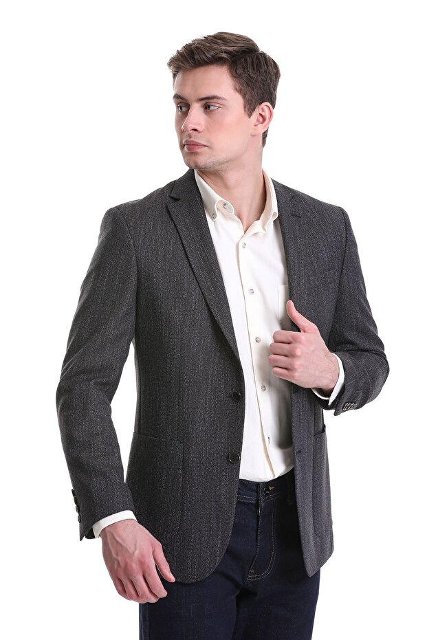 Navy Blue Regular Fit Patterned Mono Collar Classic Jacket - 4