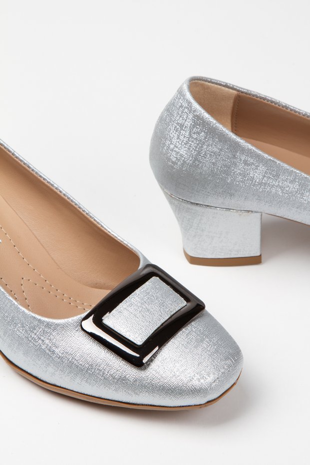 Women's Silver Buckle Glittery Soft Sole Low Heel Shoes