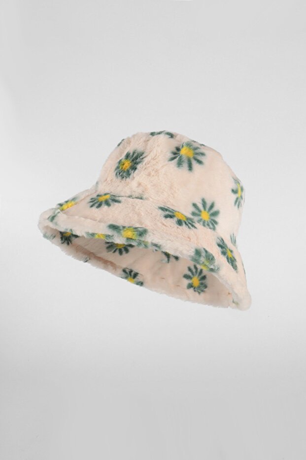 Peluş Papatyla Desenli Bucket Yuvarlak Şapka - Bej - 1