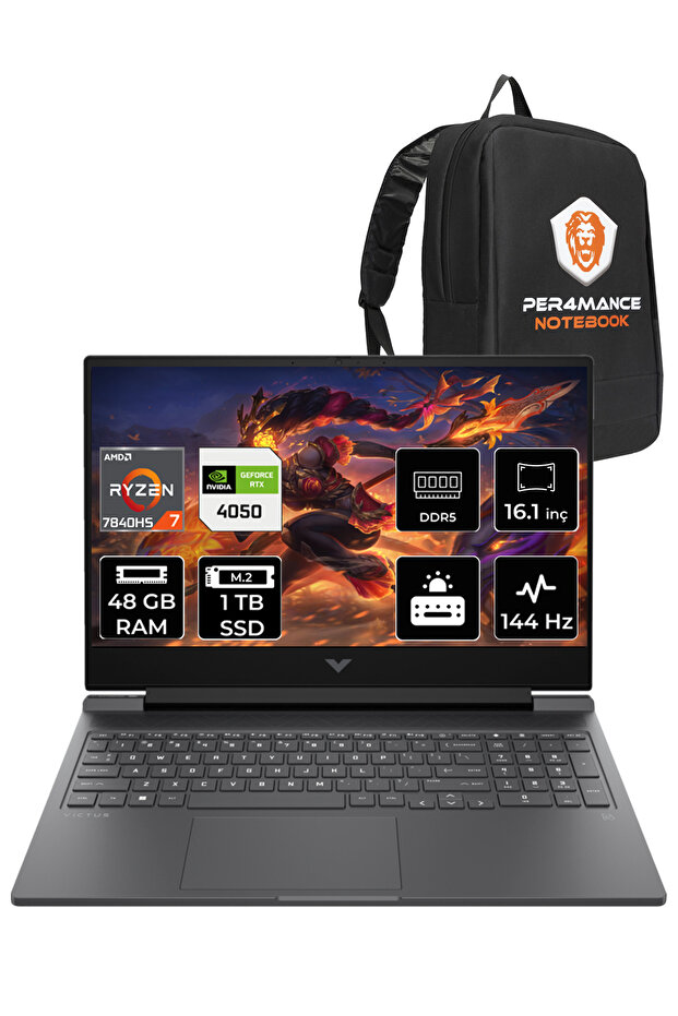 Victus 16 Ryzen 7 7840HS 48GB 1TB SSD RTX4050/6GB 144HZ 16.1" FHD FDOS 892P9EA & PER4 ÇANTA - 1