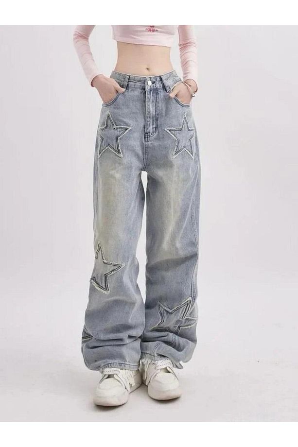 Day Light Y2k Stars Patch Detay Mavi Kar Yıkamalı Pantolon - 1