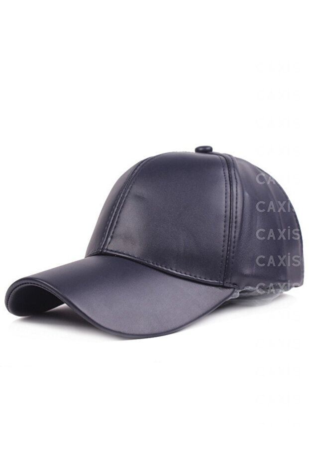 Navy Blue Leather Hat Unisex Adjustable with Back Velcro