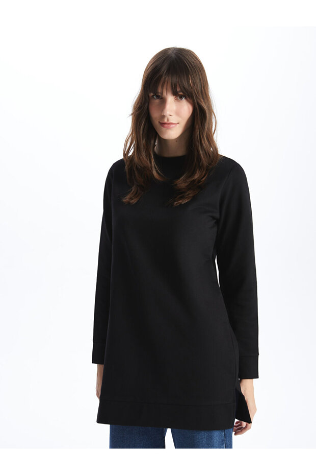 Crew Neck Plain Long Sleeve Women's Sweatshirt Tunic