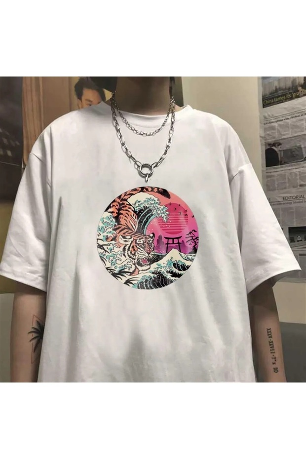 Hokusai Tiger Printed White Color Unisex Oversize T-shirt Le Savu