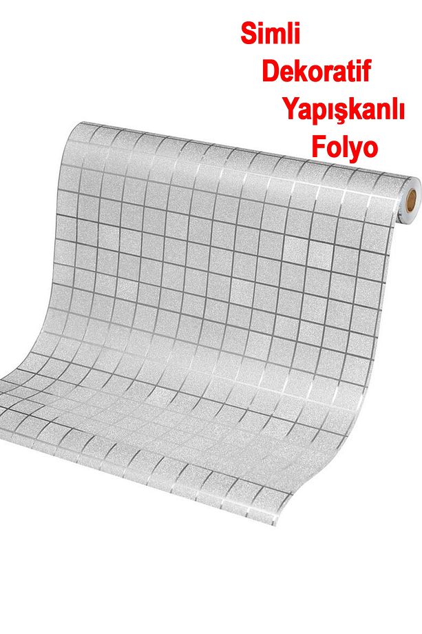 45 Cm X 1 Metre Gümüş Simli Parlak Kare Desenli Dekoratif Yapışkanlı Folyo Kaplama Kağıt - 1