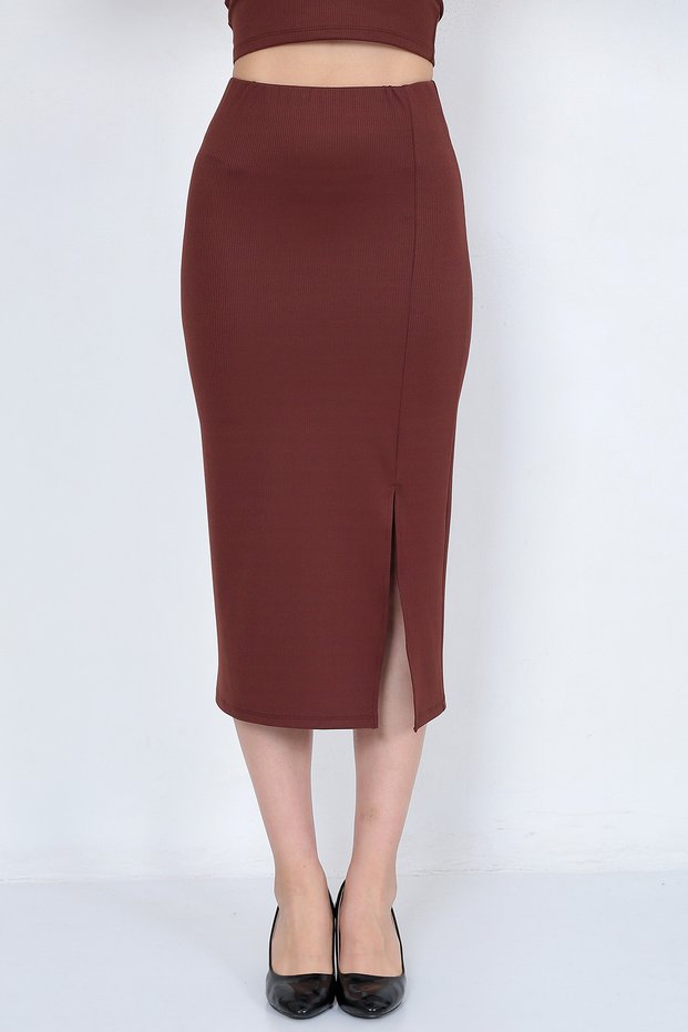 Women's Brown Slit Detailed Ribbed Long Midi Length Tight Pencil Skirt 4mevsim