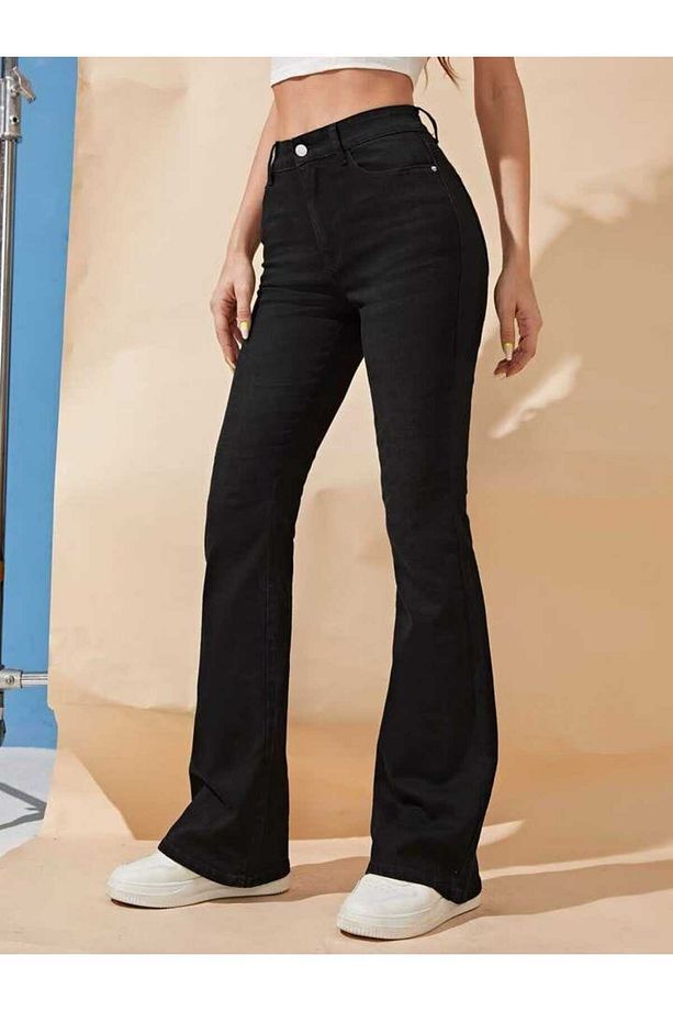 Siyah Ispanyol Paça Kot Pantolon Yüksek Bel Ispanyol Jeans - 1
