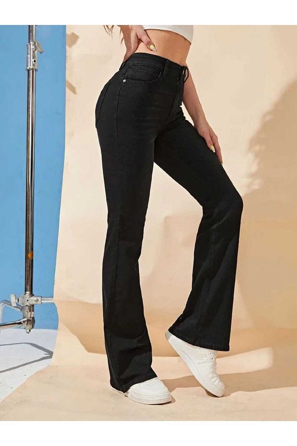 Siyah Ispanyol Paça Kot Pantolon Yüksek Bel Ispanyol Jeans - 2