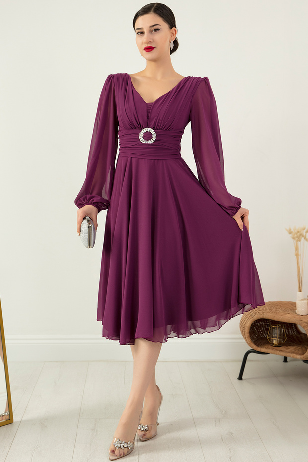 Tokalı Kemerli Şifon Elbise 1449 - 4