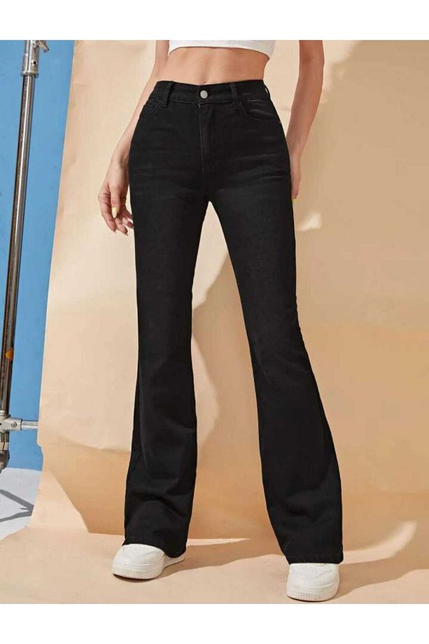 Siyah Ispanyol Paça Kot Pantolon Yüksek Bel Ispanyol Jeans - 4