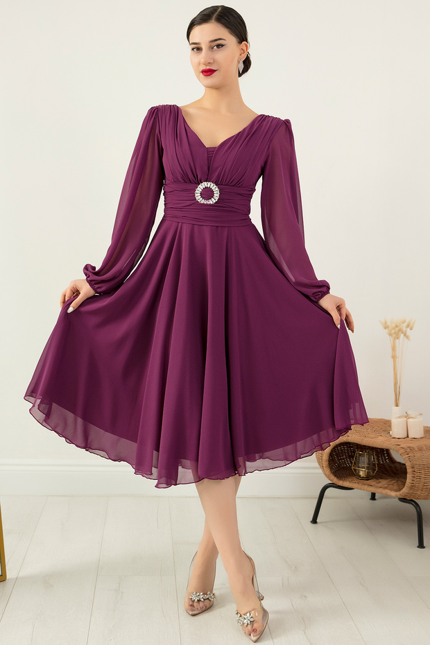 Tokalı Kemerli Şifon Elbise 1449 - 5